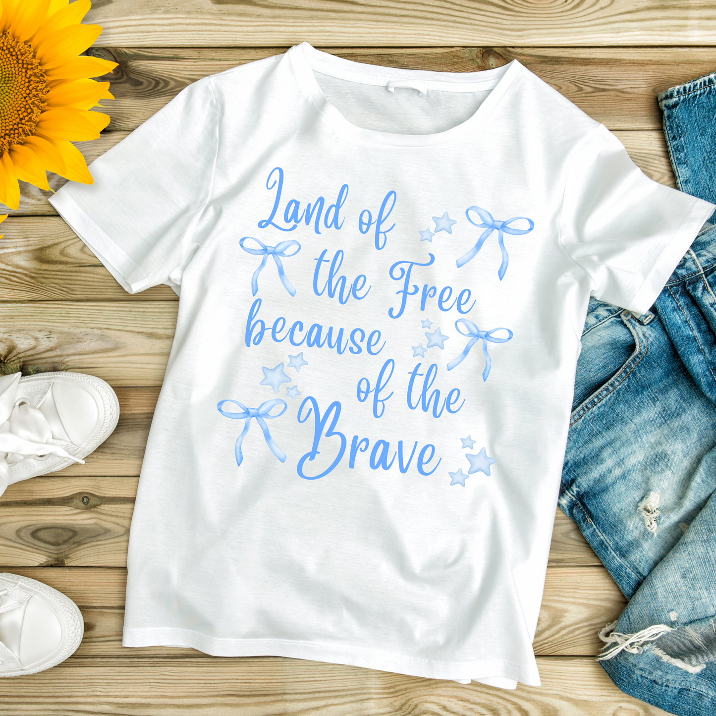 Land of the Free Because of the Brave Shirt | Cute Patriotic T-Shirt | Light Blue Bows | Memorial Day Tee | 4th of July Aesthetic Shirt | Coastal Cowgirl
