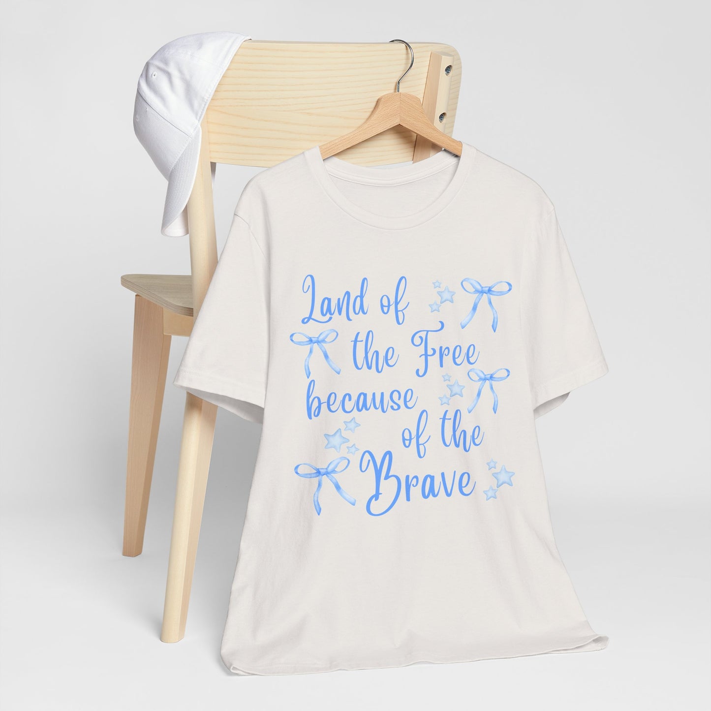 Land of the Free Because of the Brave Shirt | Cute Patriotic T-Shirt | Light Blue Bows | Memorial Day Tee | 4th of July Aesthetic Shirt | Coastal Cowgirl