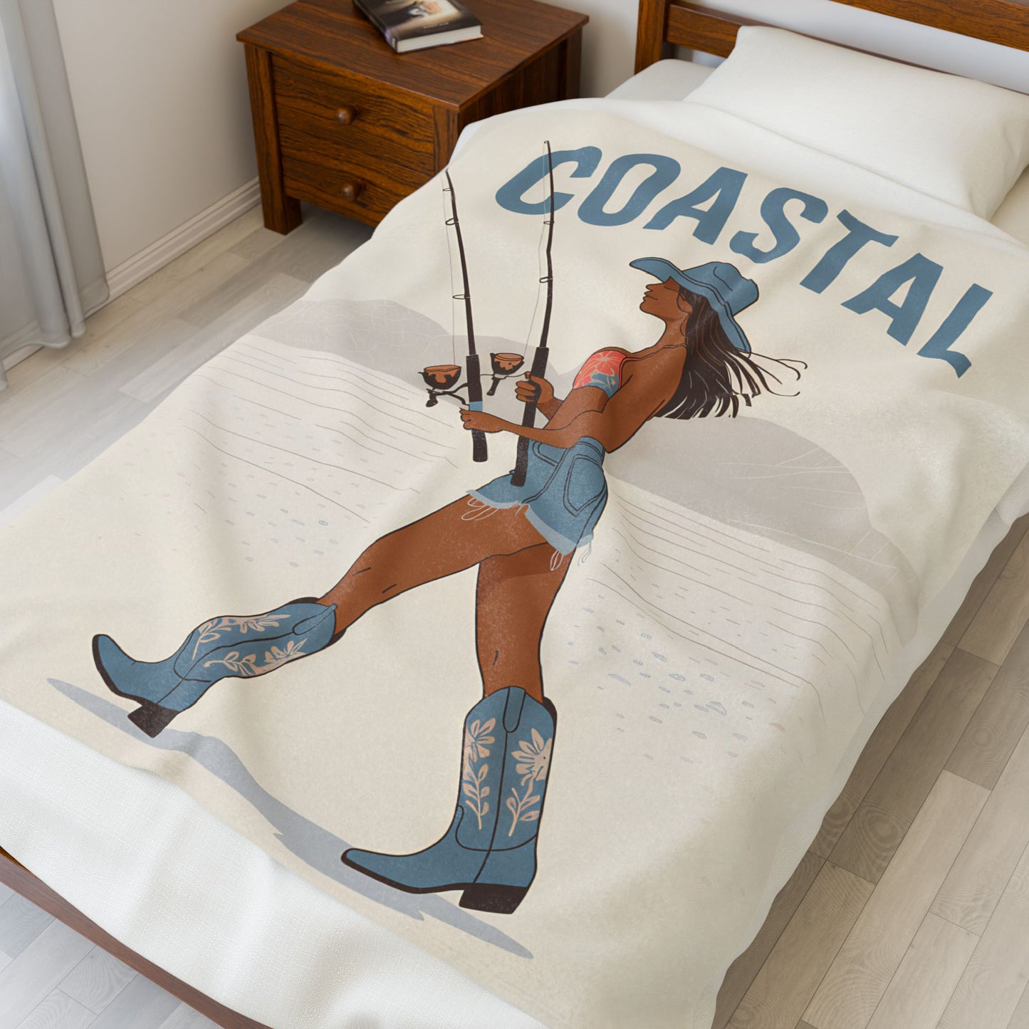 Coastal Fishing Velveteen Plush Blanket, Cozy Throw for Beach Lovers, Perfect Gift for Outdoorsy Friends, Summer Decor, Coastal Home