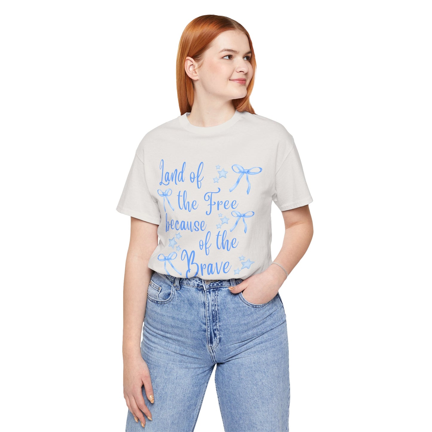 Land of the Free Because of the Brave Shirt | Cute Patriotic T-Shirt | Light Blue Bows | Memorial Day Tee | 4th of July Aesthetic Shirt | Coastal Cowgirl