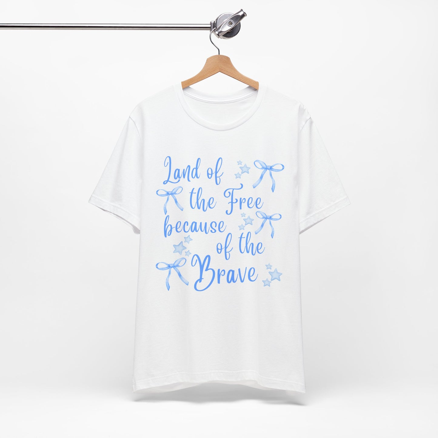 Land of the Free Because of the Brave Shirt | Cute Patriotic T-Shirt | Light Blue Bows | Memorial Day Tee | 4th of July Aesthetic Shirt | Coastal Cowgirl