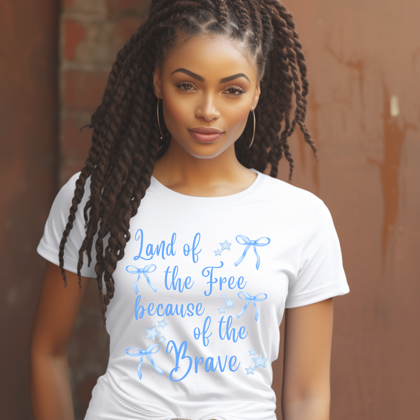 Land of the Free Because of the Brave Shirt | Cute Patriotic T-Shirt | Light Blue Bows | Memorial Day Tee | 4th of July Aesthetic Shirt | Coastal Cowgirl