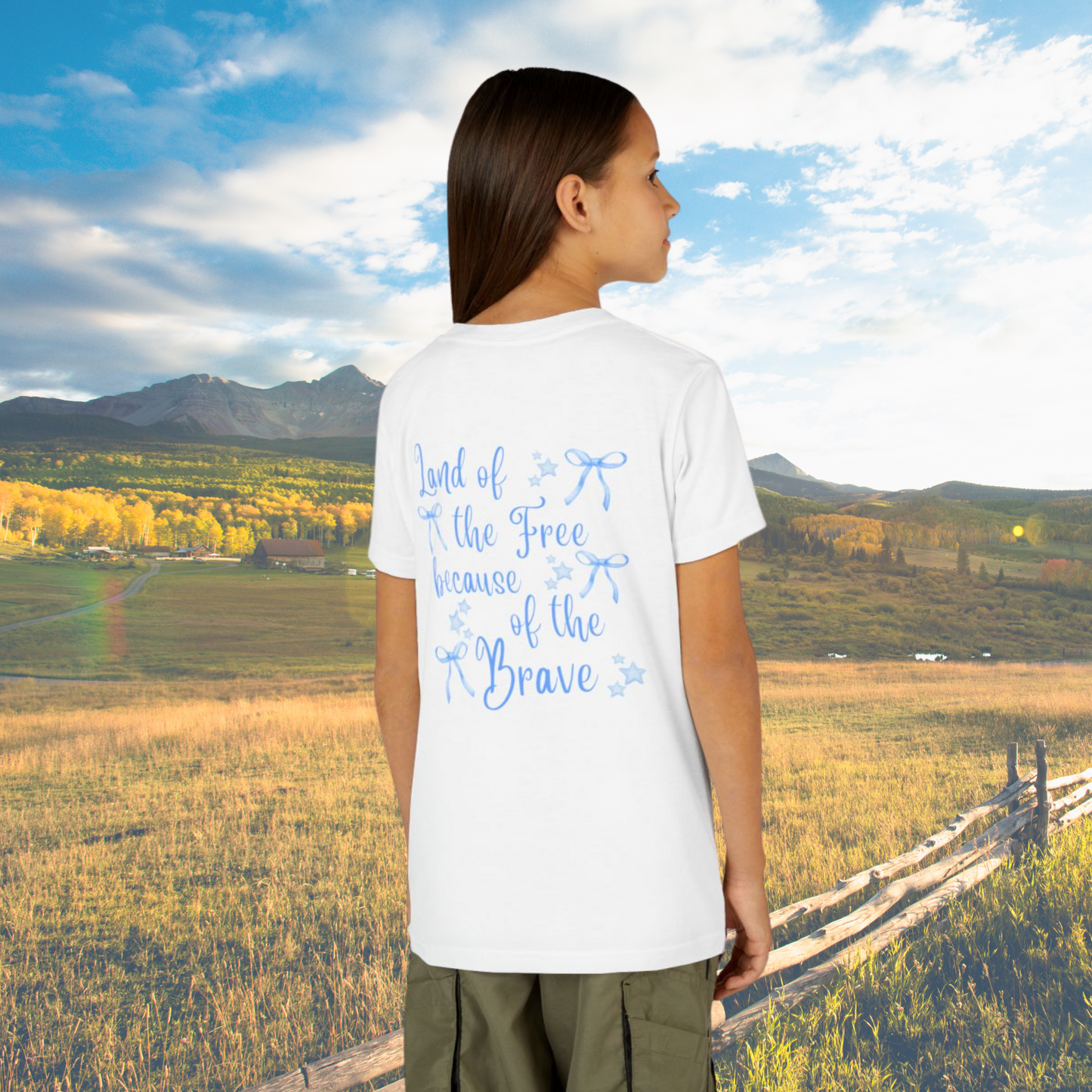 Youth Size Land of the Free Bow Shirt, Coastal Cowgirl, Youth Short Sleeve Tee - Patriotic Graphic Tee, Freedom Shirt, Gift for Kids, Summer Wear, 4th of July, Memorial Day