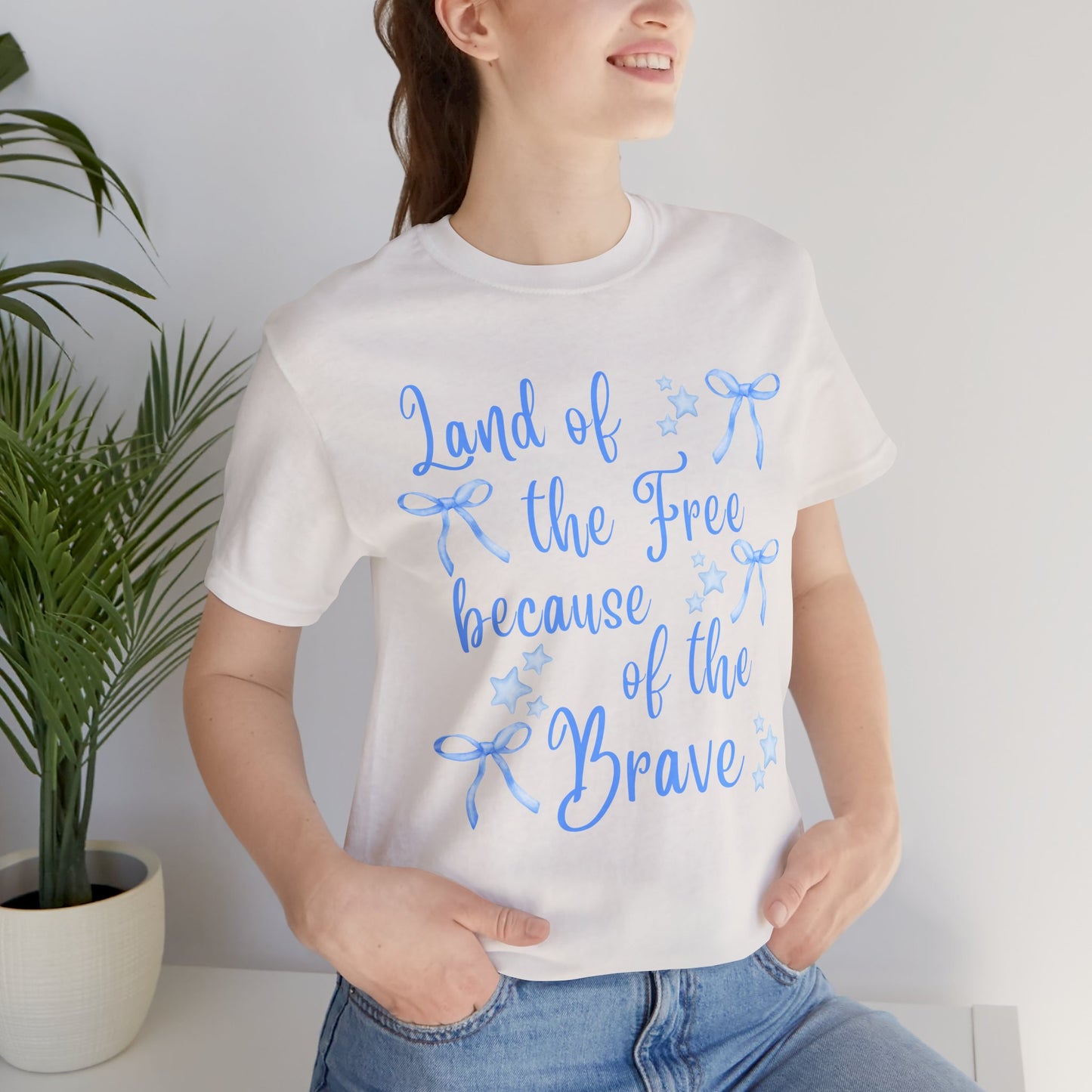 Land of the Free Because of the Brave Shirt | Cute Patriotic T-Shirt | Light Blue Bows | Memorial Day Tee | 4th of July Aesthetic Shirt | Coastal Cowgirl