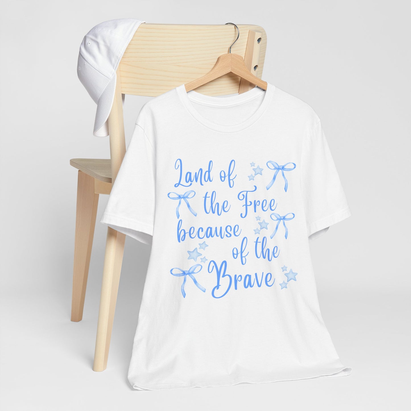 Land of the Free Because of the Brave Shirt | Cute Patriotic T-Shirt | Light Blue Bows | Memorial Day Tee | 4th of July Aesthetic Shirt | Coastal Cowgirl