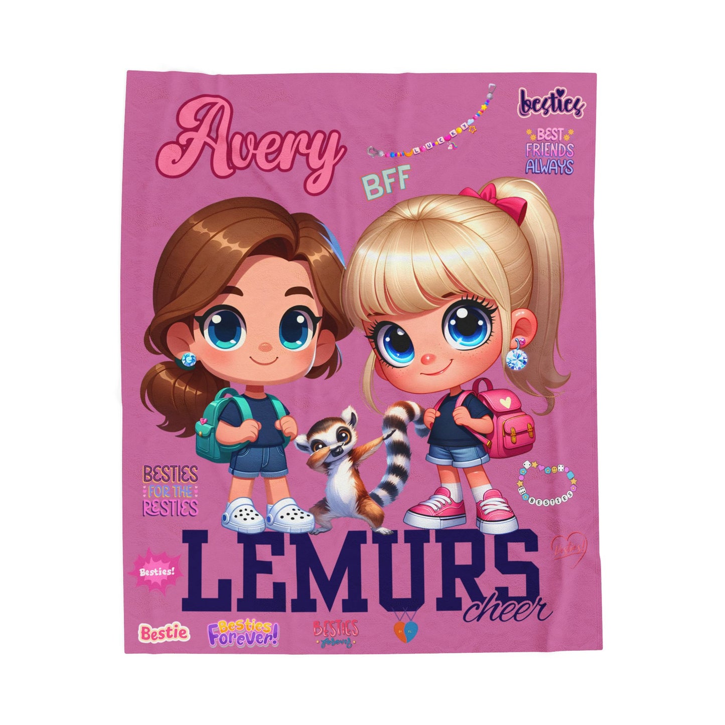 Personalized Pink Plush Blanket — "Avery" BFF Lemurs Kids Throw
