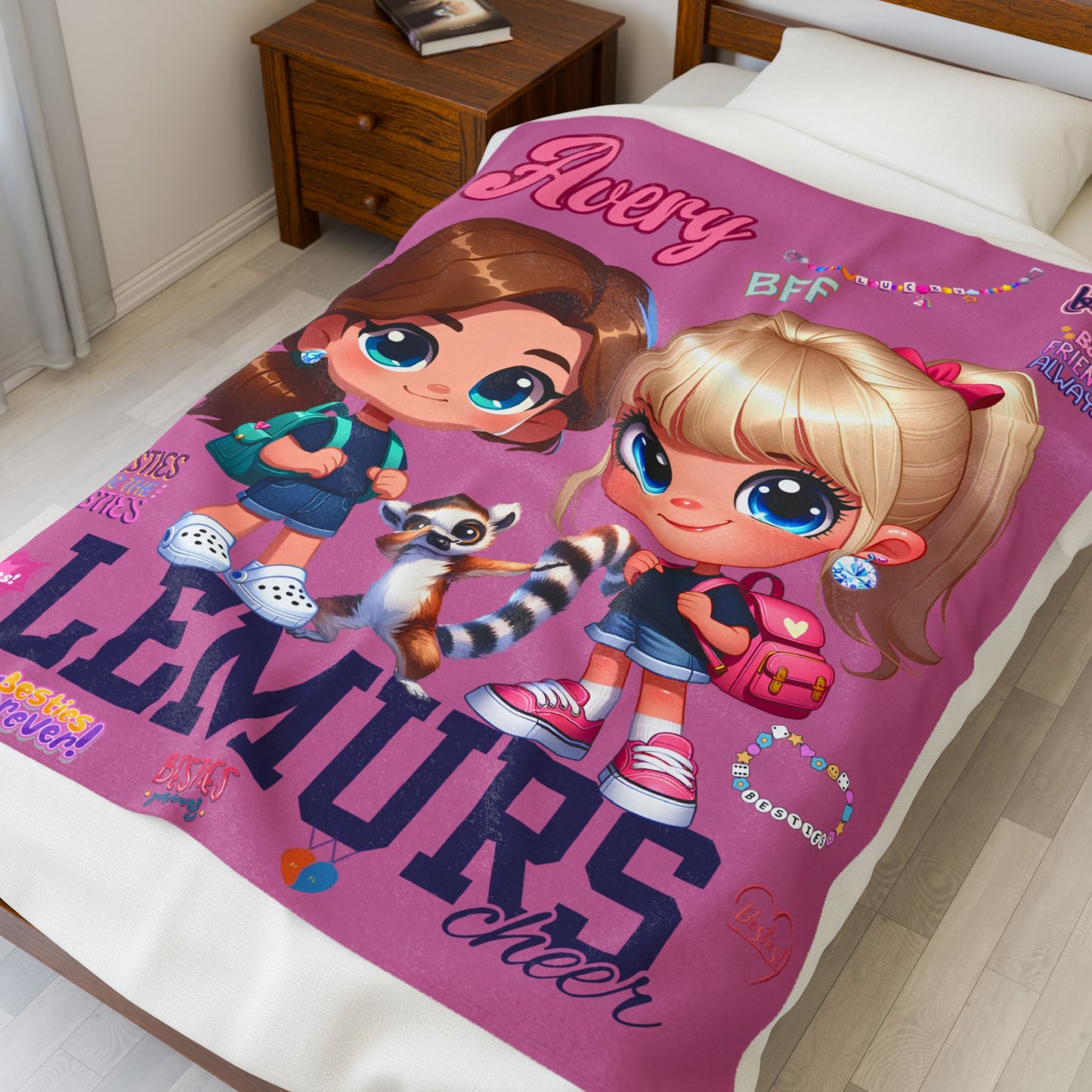 Personalized Pink Plush Blanket — "Avery" BFF Lemurs Kids Throw