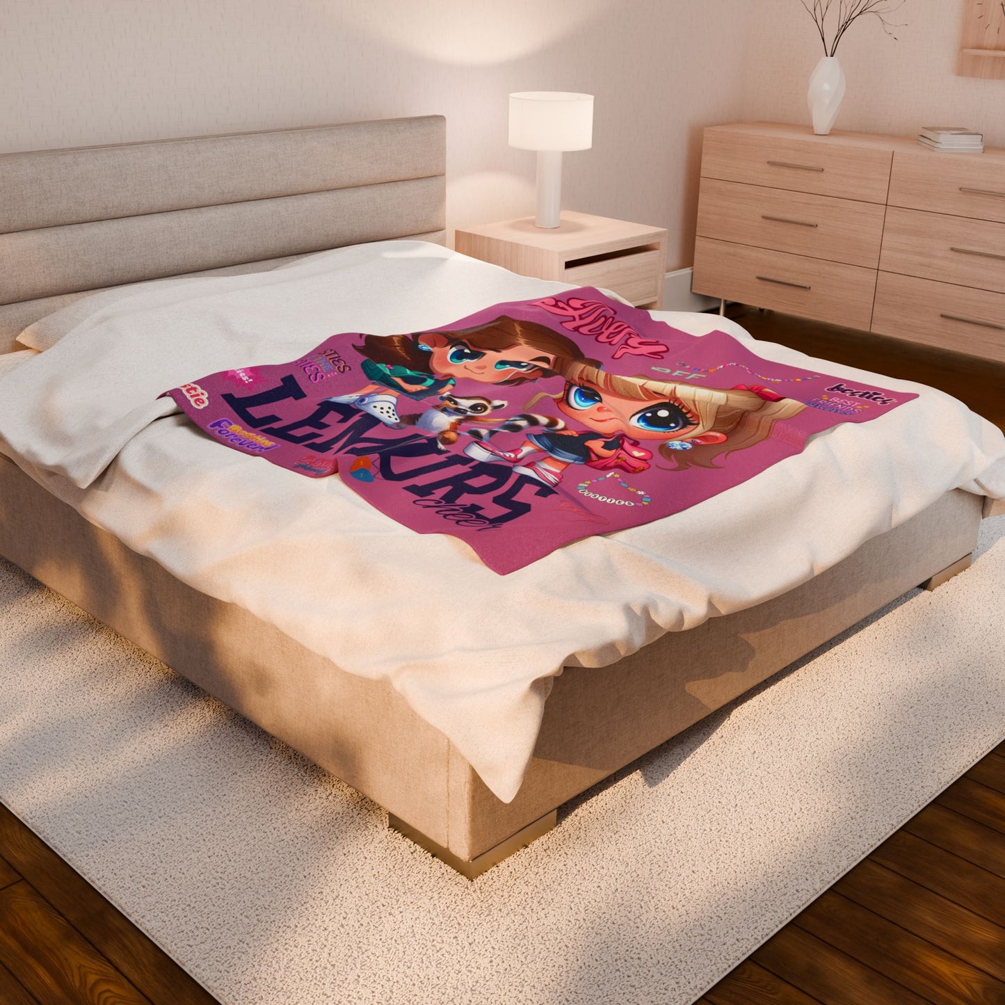 Personalized Pink Plush Blanket — "Avery" BFF Lemurs Kids Throw